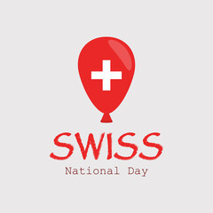 Swiss National Day. Red air balloon with a white cross on a light gray background. Postcard, poster. Vector illustration.