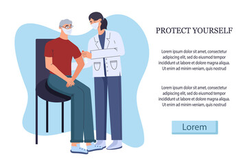 A doctor vaccinates an elderly man against Covid-19. Vector illustration.