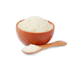 Granulated sugar with wooden bowl and spoon on white background