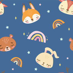 Vector seamless pattern with cute animals faces in pastel colors. Squirrel, teddy bear, deer and bunny.  For print, nursery clothes, packaging.