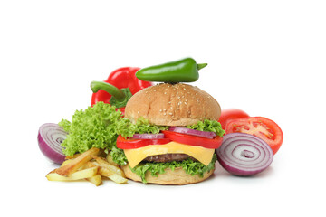 Concept of tasty food with burger isolated on white background