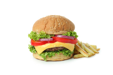 Concept of tasty food with burger isolated on white background