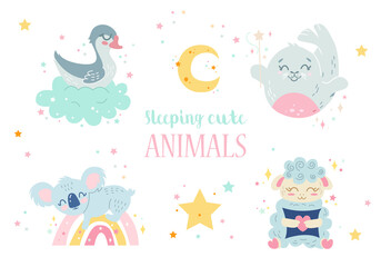 Nursery sleeping cute animals collection. Goose, koala, seal and sheep. Cartoon vector illustration.
