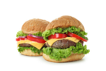 Concept of tasty food with burgers isolated on white background