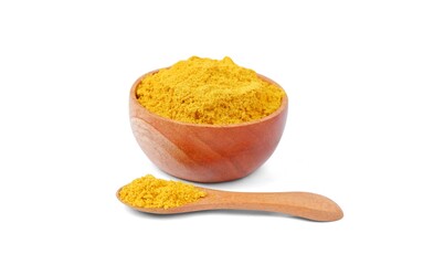 Turmeric powder with wooden bowl and wooden spoon isolated on white background