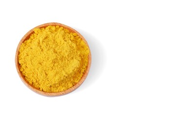 Turmeric powder with wooden bowl isolated on white background,Top view