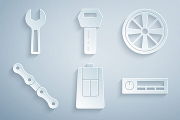 Set Car key with remote, Alloy wheel, chain, Audio, and Wrench spanner icon. Vector