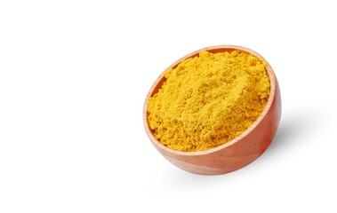 Turmeric powder with wooden bowl isolated on white background