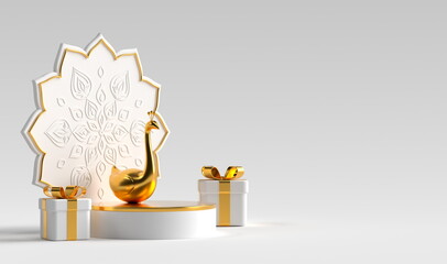 Diwali, festival of lights podium scene with 3d Indian Rangoli, gift box and golden peacock. Holidays or wedding Indian design. 3d rendering illustration.