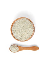 Rice with wooden bowl and wooden spoon isolated on white background,Top view