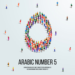 large group of people form to create the number 5 or Five in Arabic. People font or Number. Vector illustration of Arabic number 5.