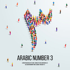 large group of people form to create the number 3 or Three in Arabic. People font or Number. Vector illustration of Arabic number 3.