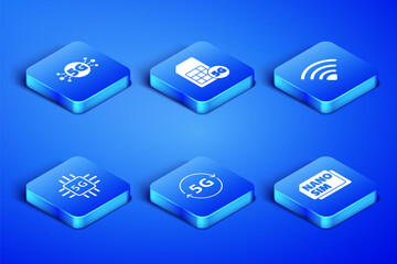 Set Nano Sim Card, 5G network, Processor, and Wi-Fi wireless icon. Vector