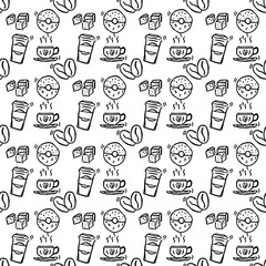 Seamless coffee shop vector icons. Doodle vector with cafe icons on white background. Vintage coffee shop icons, sweet elements background for your project, menu, cafe shop. 