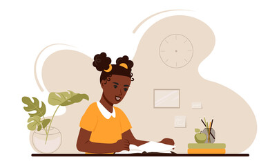 An African American schoolgirl is sitting at her desk reading a book and doing homework for the school. Education concept. Flat vector illustration.