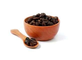 Coffee beans with wooden bowl and wooden spoon isolated on white background