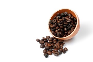 Coffee beans in a wooden bowl isolated on a white background