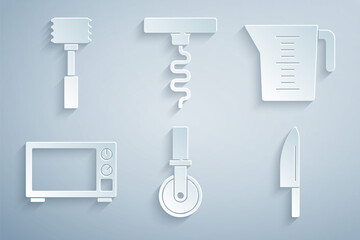 Set Pizza knife, Measuring cup, Microwave oven, Knife, Wine corkscrew and Kitchen hammer icon. Vector