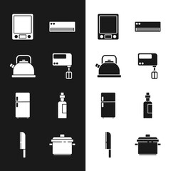 Set Electric mixer, Kettle with handle, Electronic scales, Air conditioner, Refrigerator, Bottle of olive oil, Cooking pot and Knife icon. Vector