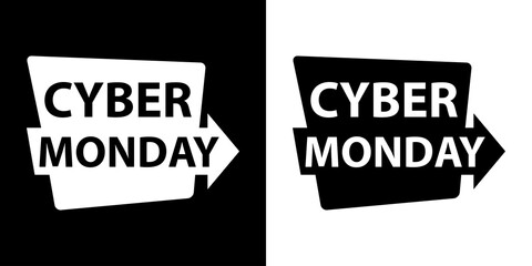 Banner con logotipo con texto Cyber Monday en etiqueta con flecha en fondo blanco y fondo negro