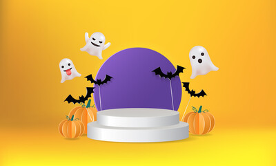 Halloween theme podium stage scene decorated with pumpkin, bat, and cute ghost. Realistic vector design