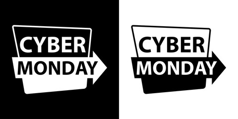 Banner con logotipo con texto Cyber Monday en etiqueta con flecha en fondo blanco y fondo negro - obrazy, fototapety, plakaty