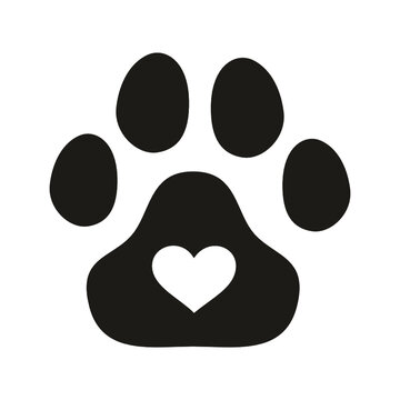 Dog paw print, paw in the heart, dog paw prints, cat paw print, cat paw prints, paw print silhouette, symbol of love for a dog or cat
