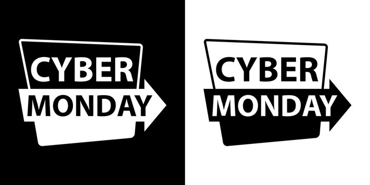 Banner con logotipo con texto Cyber Monday en etiqueta con flecha en fondo blanco y fondo negro