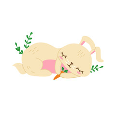 A cute sleeping bunny holding carrots. Vector illustration. Perfect for a poster, nursery clothing, postcard, children's pyjamas, print.