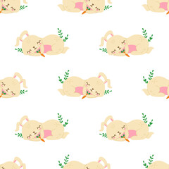 Vector seamless childish pattern with a cute sleeping bunny holding carrots on a white background.