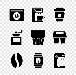 Set Bag of coffee beans, Coffee machine, cup to go, Manual grinder and Glass with water icon. Vector