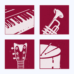 Collection of posters with abstract musical instruments. Piano, saxophone, guitar, drum. Vector illustration.