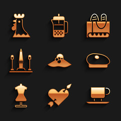 Set Elegant women hat, Amour with heart and arrow, Coffee cup, French beret, Mannequin, Place De La Concorde, baguette bread and rooster icon. Vector