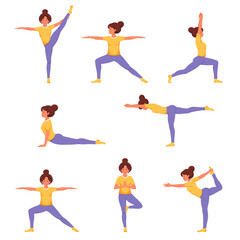 Fototapeta na wymiar Woman doing yoga. Set of yoga poses. Healthy lifestyle, wellbeing, relax, recreation. Vector illustration