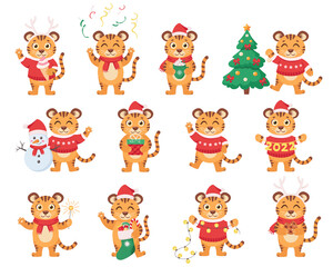Obraz premium Set of cute Tigers. New Year 2022. Year of the tiger. Winter holidays. Vector illustration