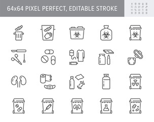 Medical waste devices line icons. Vector illustration include icon - glove, mask, biomedical, toxic, chemical, syringe outline pictogram for hazard trash. 64x64 Pixel Perfect, Editable Stroke