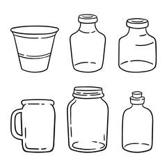 Mason kitchen jar clipart bundle, black and white glass bottles isolated items on white background, outline glassware vector illustrations set