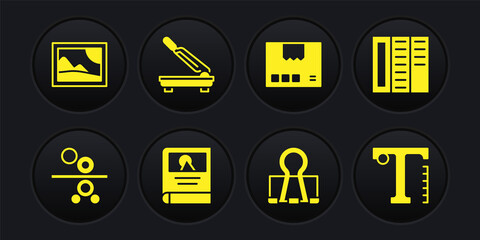 Set Paper roll of printing press, Brochure, Photo album gallery, Binder clip, Carton cardboard box, cutter, Text and Picture landscape icon. Vector
