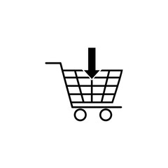 black shopping cart with black down arrow sign. Simple icon isolated on white background. Store trolley. Flat vector Illustration. Good for web and mobile design.