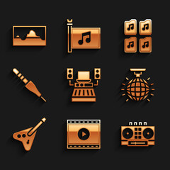 Set Music recording studio, Online play video, DJ remote and mixing music, Disco ball, Electric bass guitar, Audio jack, file document and wave equalizer icon. Vector
