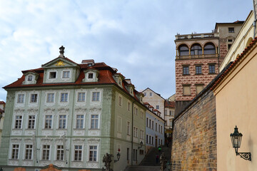 Fototapeta na wymiar Beautiful historic architecture. Town Hall Stairs connecting Nerudova street with Prague Castle. Vyšehrad, Czech Republic.