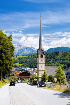 Bischofshofen town with main church in Tyrolian Alps, Austria