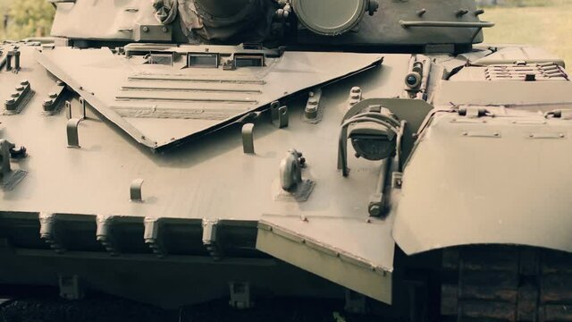 Battle tank close up. Armored vehicle - tank. Combat artillery
