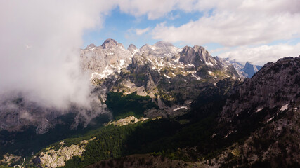 Fototapeta premium Scenic paradisiac landscape view of Albanian Alps mountains. Traveling, exploring, holiday concept