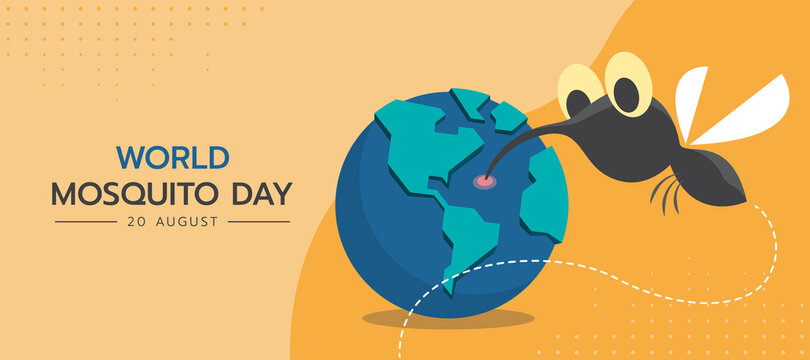 World mosquito day with Mosquito cartoon Drinking blood from globle on yellow background vector design