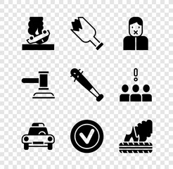 Set Burning car, Broken bottle as weapon, Censor and freedom of speech, Police flasher, Check mark round, Lying burning tires, Judge gavel and Baseball bat with nails icon. Vector
