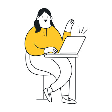 A cute cartoon woman is working with a laptop. Workspace, remote work, distant communication, freelancer at work. Thin line vector illustration on white.