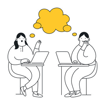 Workspace with two talking people, they are sitting in front of each other with laptops and have the common speech bubble. Teamwork, discussion of something, conversation. Thin lie elegance vector
