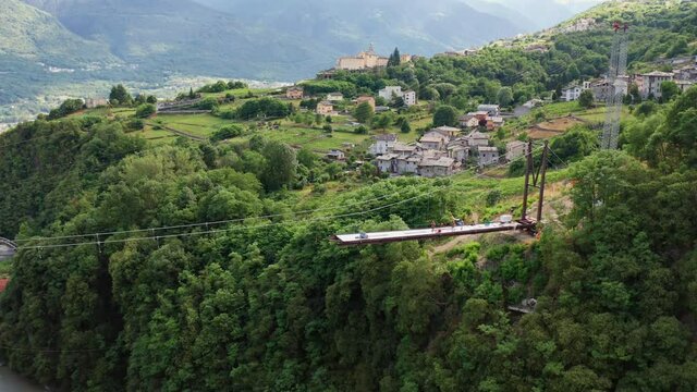 Aerial 4K, Sondrio in Valtellina, cable stayed bridge construction in Cassandre	