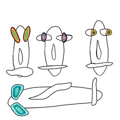 psychedelic stylized long elongated faces with colorful eyes and pupils